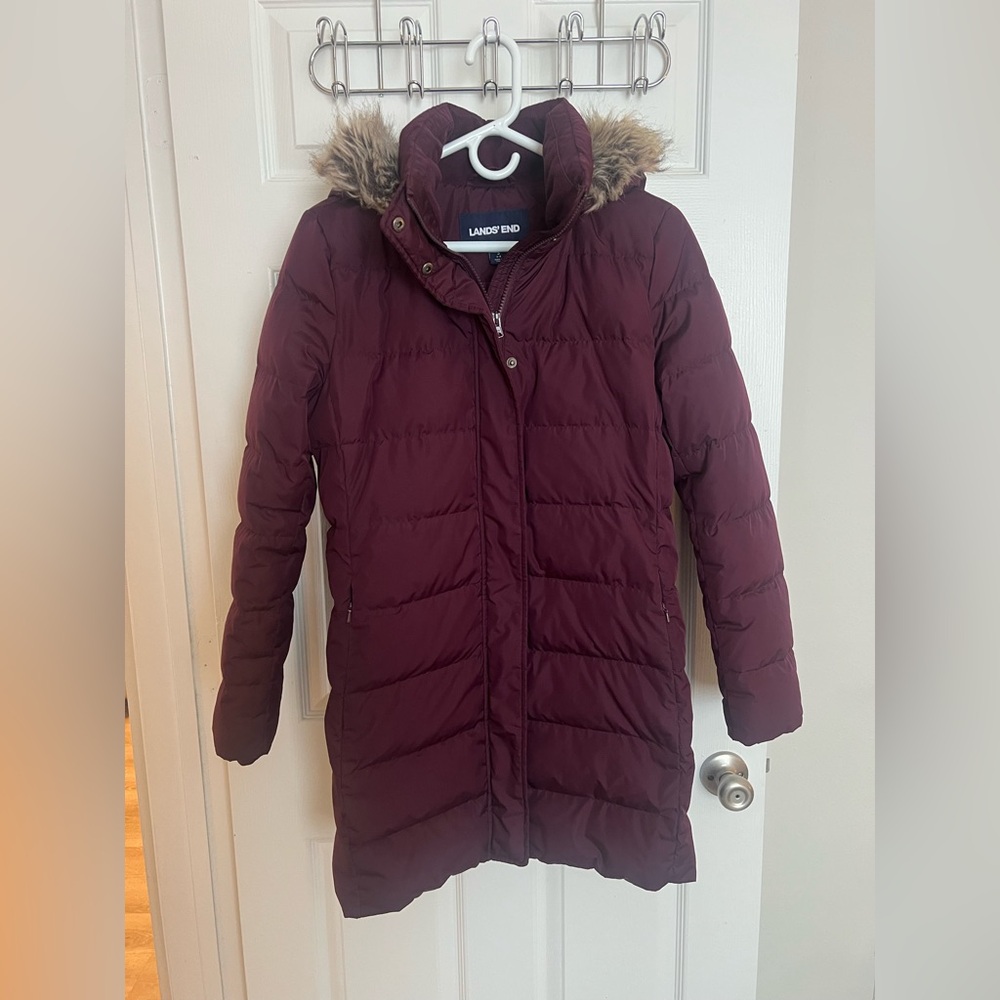 Lands' End Purple Puffer Coat with Faux Fur Trim